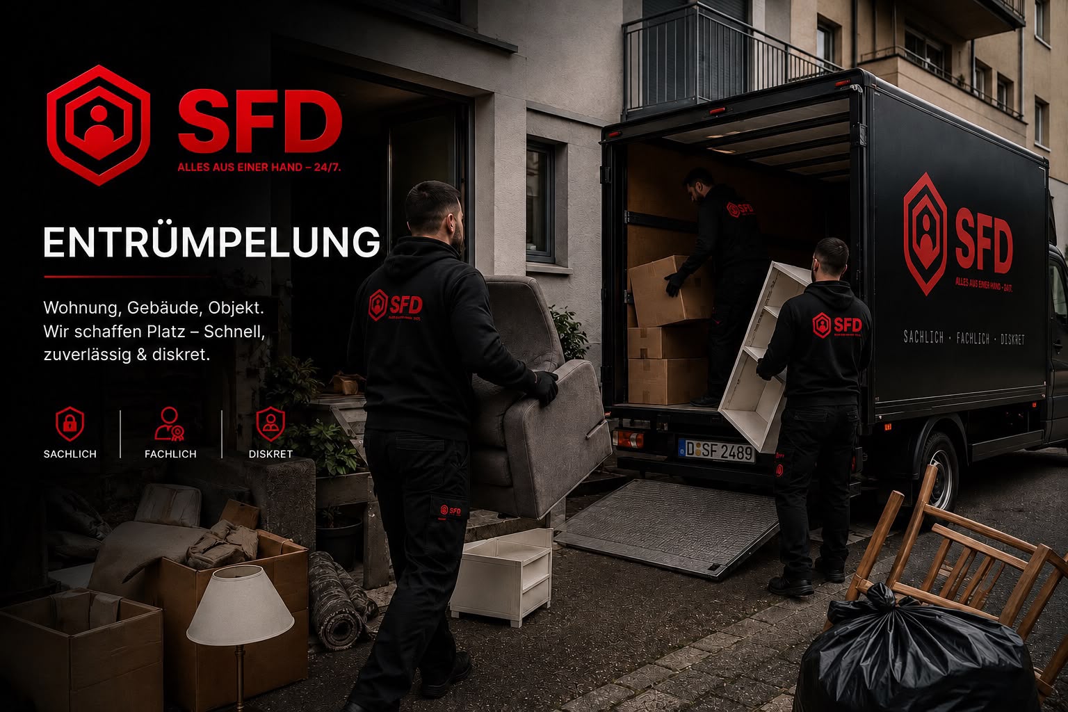 Mitarbeiter tragen alte Möbel und Kartons aus einer geräumten Wohnung in einen Transporter